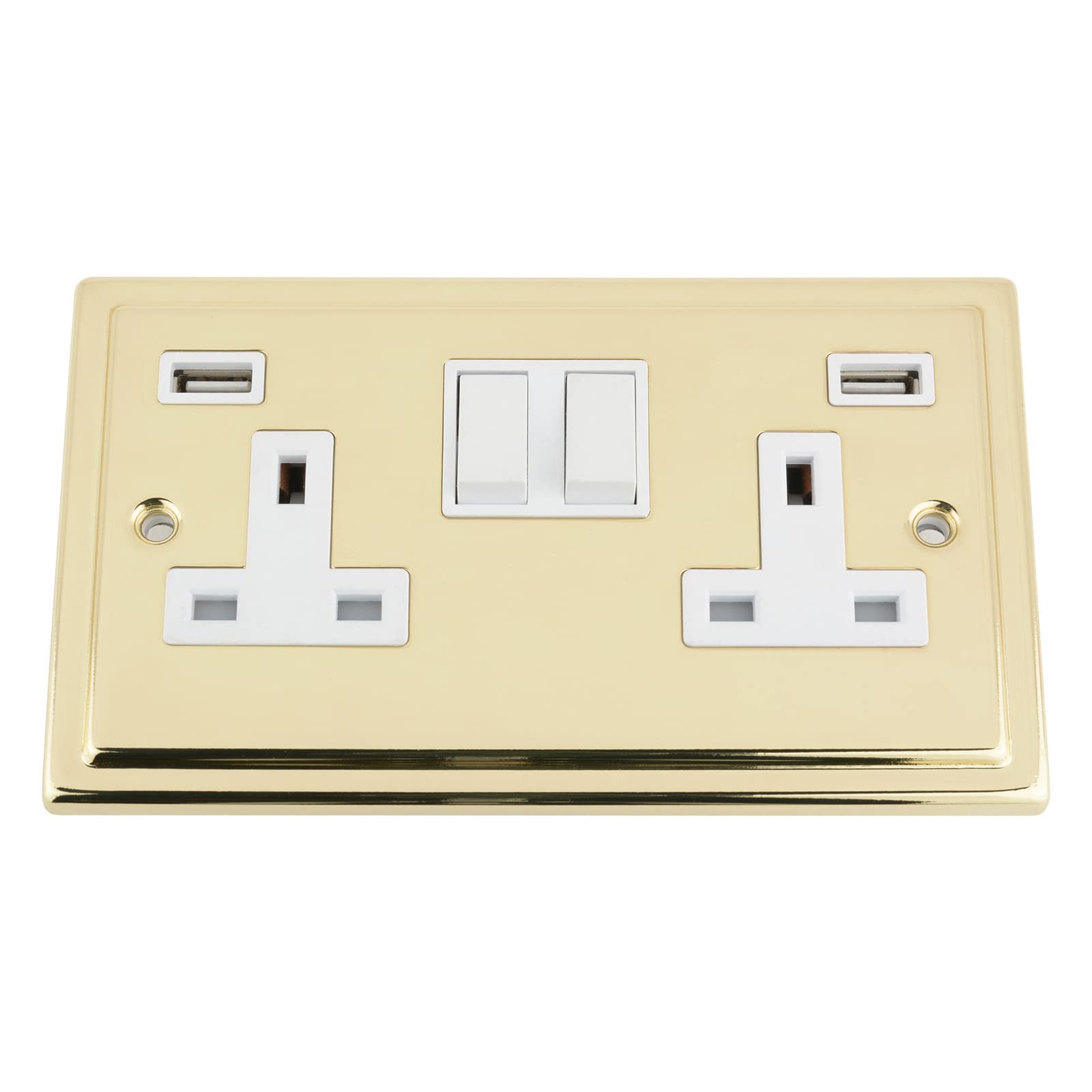 A5 USB Socket 2 Gang - Polished Brass Victorian- White/Black Insert - Plastic/Metal Rocker Switch (Stepped Edges Plate) (White)