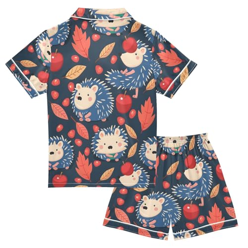 ALAZA Hedgehog Leaves Navy Blue Pajamas Satin Pajama Set Short Sleeve Button Down Sleepwear2