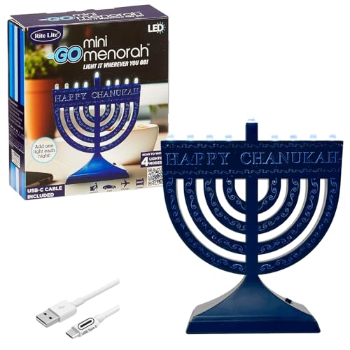 Rite Lite Go Mini Blue Electric Menorah - Light It Anywhere! Chanukah Jewish Holiday Party Favors Decorations With USB C Cable, Judaica Modern Hanukkah Gifts Festival of Lights