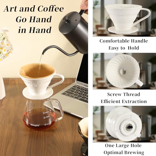 Mongdio V60 Ceramic Pour Over Coffee Dripper, White - Slow Brewing Accessories