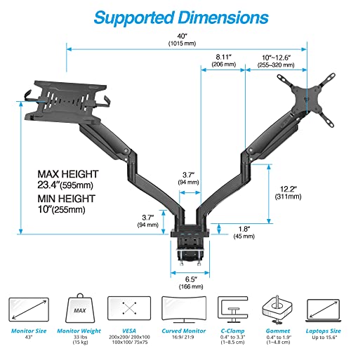 Avlt Dual 17”-43" Monitor Arm Desk Mount With 15" Laptop Tray And Usb-C Docking Station, Hdmi 4K60Hz, Usb-A 5Gbps, Ethernet, 100W Pd, Fits Two Flat/Curved Monitor - Black #TOP5