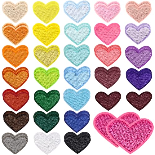 62 Pcs Colorful Embroidered Iron on Heart Patches Hearts Iron on Patches Mini Tiny Fabric Heart Sew on Patch,Hearts Embroidered Patch for Clothes Dress Pant Hats Backpack
