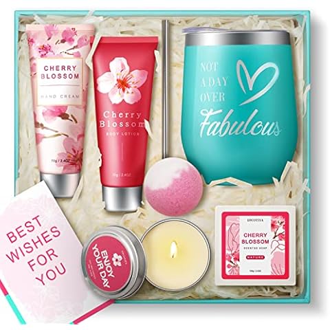 Gifts for Women Birthday Gift Baskets for Women Spa Gift for Women,Christmas Gifts for Women with Wine Tumbler,Cherry Blossom Bath And Body Works Gift Set Spa Box,Gifts for Women Birthday Unique Cover
