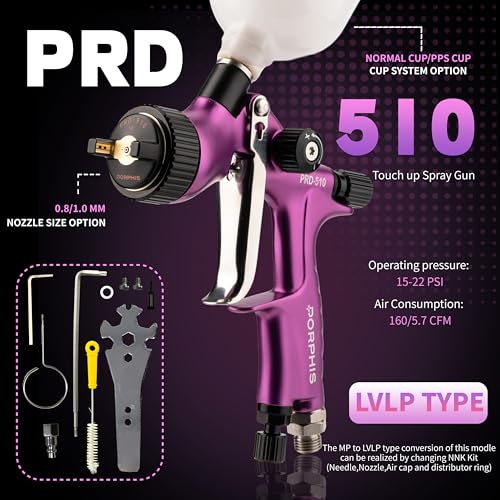 Image of LVLP Automotive Refinishing Spray Paint Gun PRD-510 1.0mm Nozzle with 250ml Cup, Purple