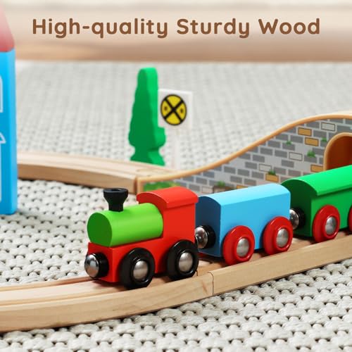 Sainsmart Jr. WOODEN337 Wooden Train Set For Toddler With Double-Side Train Tracks Fits Brio, Thomas, Melissa And Doug, Kids Wood Toy Train thumb #4