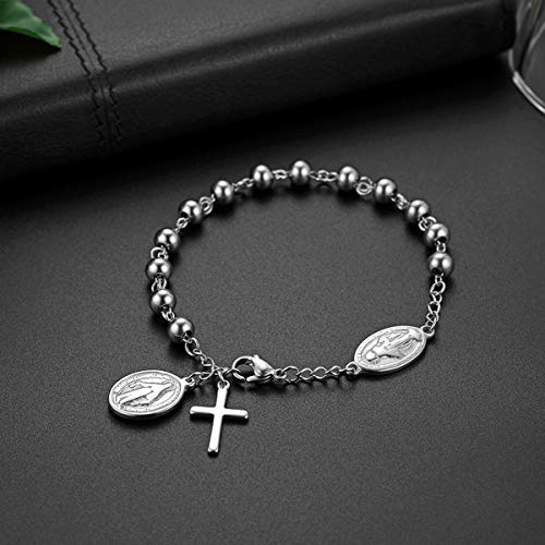 Flongo Cross Rosary Beads Bracelet Vintage Stainless Steel Jesus Christ Crucifix Cross Wristband for Men Women Christmas Wedding3