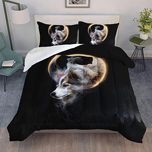 Ailonen 3D Wolf Comforter Set Queen Size, Golden Circle White Brown Wolf Bedding Decor,Smoke Fog Wolf Style Quilt Set For Boys Girls All Season 3 Pieces(1 Comforter + 2 Pillowcases) Black #TOP11