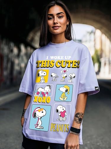 Image of Bewakoof X Peanuts Women's 100% Cotton AOP Oversized Fit Half Sleeve Round Neck T-Shirt | Casual wear | Streetwear | Oversized Tshirt for Woman Cotton| Baggy