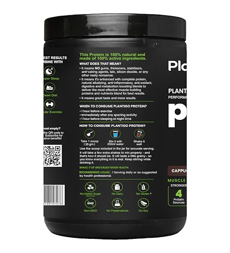 Image of Plantigo Clean Plant Protein Powder | No Preservatives, No Banned Substances | Super Protein Blend - Pea, Brown Rice, Flax | Vegan Green Protein For Men, Women (Cappuccino Coffee - 1 kg x Pack of 2)