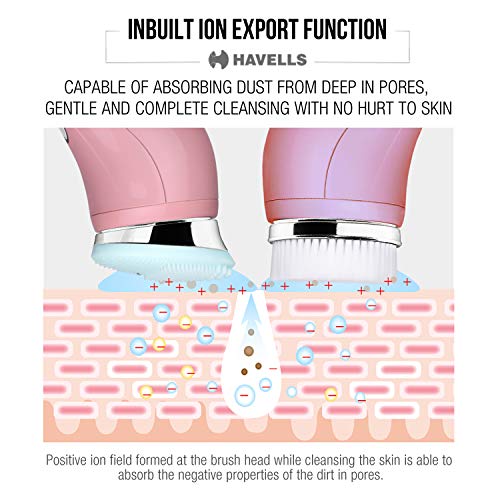 Image of Havells SC5070 Facial Cleansing Brush with 3 Heads for Exfoliation, Cleaning and Brightening Iontophoresis, Smart Alert to Assist Usage, Rechargeable (Pink)