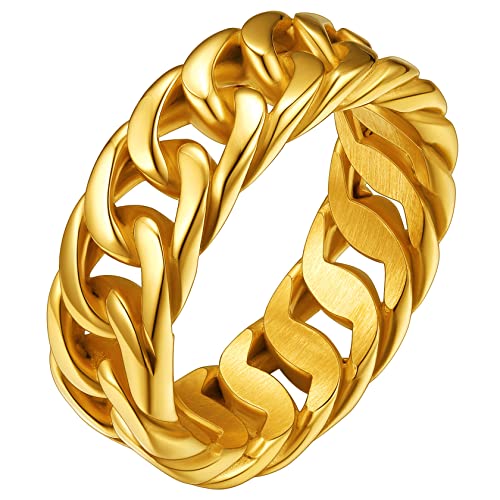 ChainsHouse Stainless Steel Band Cuban Link Ring for Men Women, 6.4MM-7MM Wide, Size 07-14, with Gift Box C: Gold-7MM Wide 9