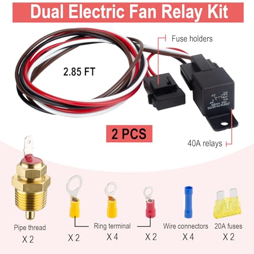 2 PCS Electric Fan Relay Kit, Dual Electric Fan Relay Kit, 185 Degree on 175 Thermostat Switch 40A Relays, 12V Cooling Radiator Fan Relays Wiring Kits for Replacing Faulty Wiring, Truck Engine Cooling