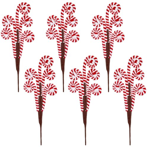 6 Pcs Christmas Tree Decorations Picks 12 Inch Candy Cane Christmas Decorations Large Red White Candy Curly Lollipop Peppermint Candy Ornaments for Xmas Tree Topper Home Office Vase Holiday Party