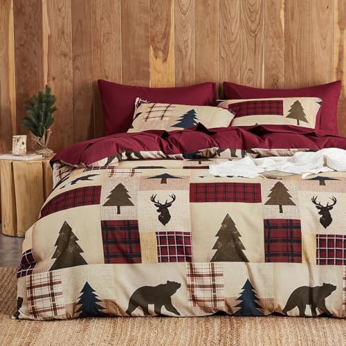 Wake In Cloud - Rustic Duvet Cover Set Cabin Western Christmas Holiday Country Theme with Bear Deer Lodge Patchwork Soft Lightweight Bedding 3-Piece Burgundy Brown King Size