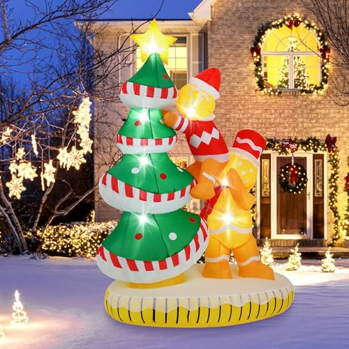 Tangkula 7 FT Lighted Christmas Inflatable Gingerbread Men Climbing Christmas Tree with LED Lights & Built-in Fan, Stakes & Ropes Included, Pre-Lit Xmas Holiday Decoration for Yard, Lawn