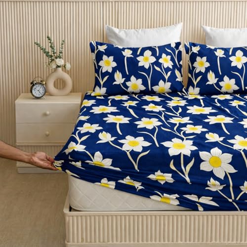 Image of 300TC Glace Cotton Elastic Fitted Bedsheets Double King Size Bedsheets with 2 Pillow Covers- 72 inch X 78 inch (Blue Flower)