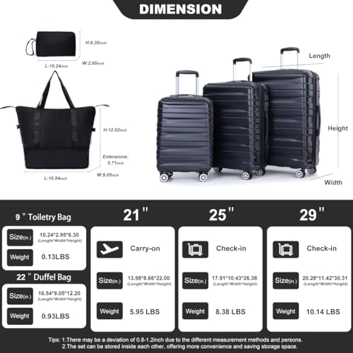 Expandable Hard PC Luggage Set of 5 Pieces, Lightweight Rolling Luggage with 360° Spinner Wheels, Black2