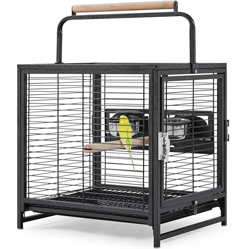 Yaheetech 25.5'' Wrought Iron Bird Travel Carrier Cage Parrot Cage with Handle Wooden Perch & Seed Guard for Small Parrots Canaries Budgies Parrotlets Lovebirds Conures Cockatiels