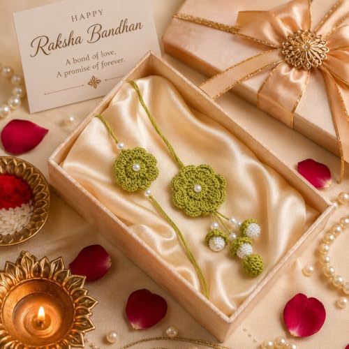 Image of Handmade Crochet Green Flower Rakhi for Brother | Premium Cotton Thread Floral Designer Rakhi with Pearl Beads | Soft Skin-Friendly Lightweight Raksha Bandhan | Traditional Handcrafted Gift