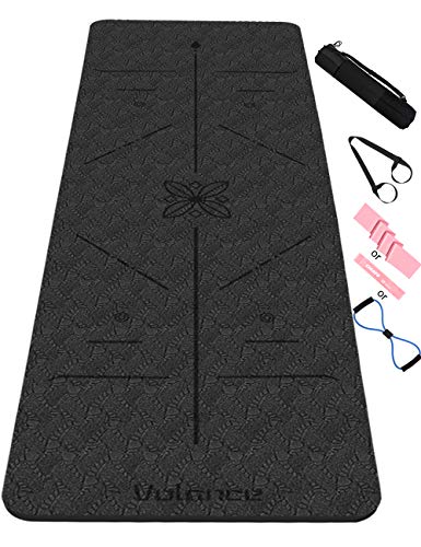 Esterilla Yoga Antideslizante,Esterilla Deporte Antideslizante con Línea Corporal Material ecológico TPE,Yoga Mat con Correa de Transporte y Bolsa183 * 61 * 0.6cm(Negro)