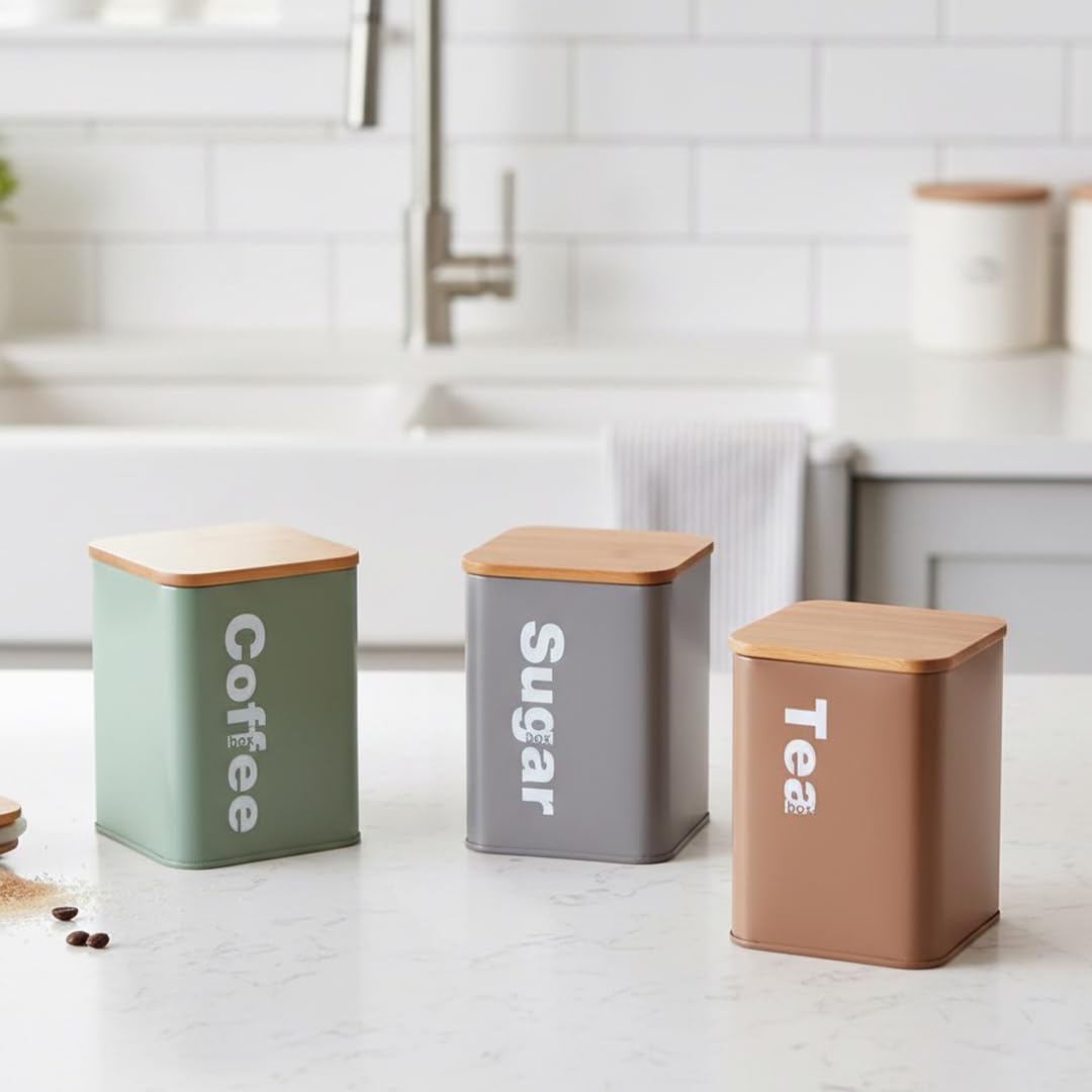Almineez Set Of 3 Stainless Steel Tea Coffee Sugar Jar Canisters With Bamboo Lids Multi from B&Q