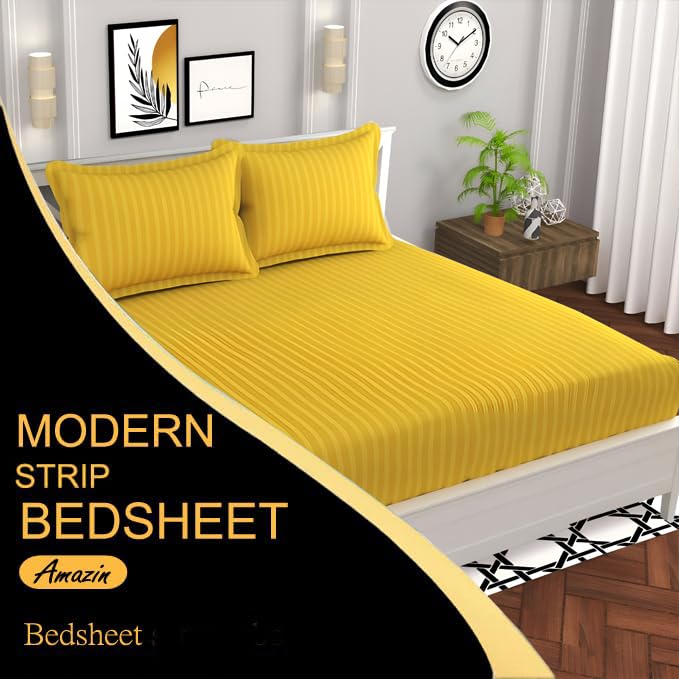 Image of 220 Cotton Feel Glace Cotton Double Bedsheet with 2 Pillow Cover (90x90 inch) Yellow