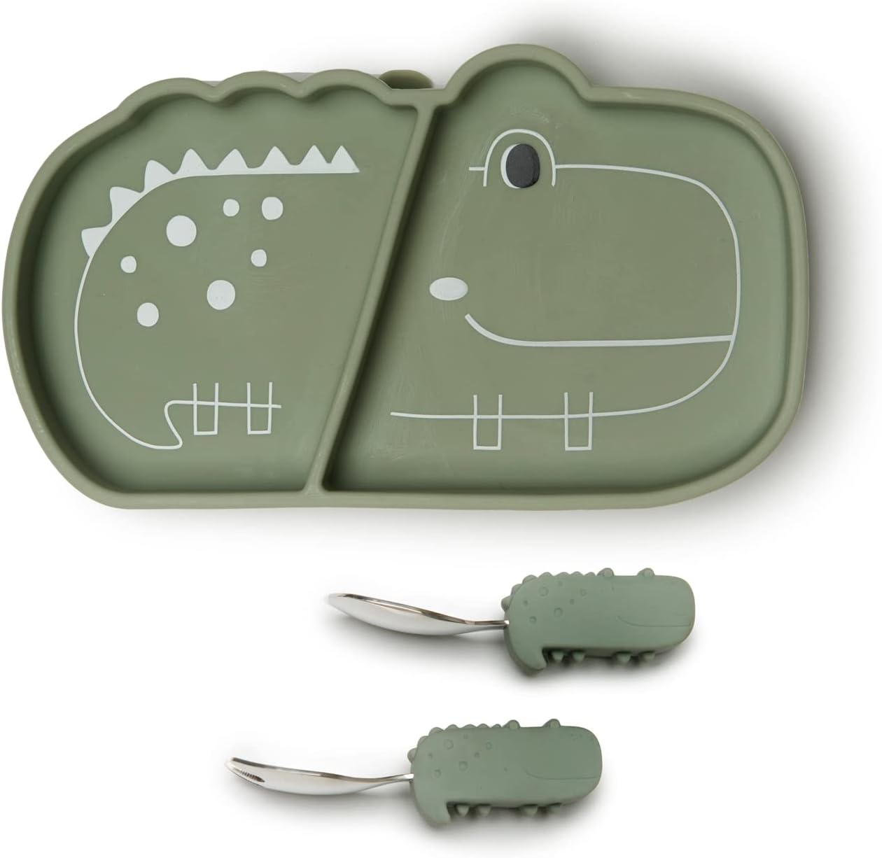 Loulou Lollipop Toddler Silicone Suction Snack Plate, Learning Fork and Spoon Set (Alligator)