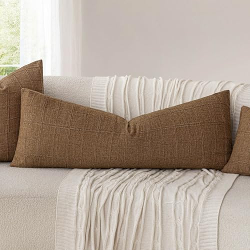 Image of Foindtower Set of 1 Decorative Linen Check Throw Pillow Cover Neutral Long Body Lumbar Cushion Cover Farmhouse Vintage Boho Home Decor for Sofa Chair Couch Bedroom Living Room,14x36 Inch,Brown Hazel