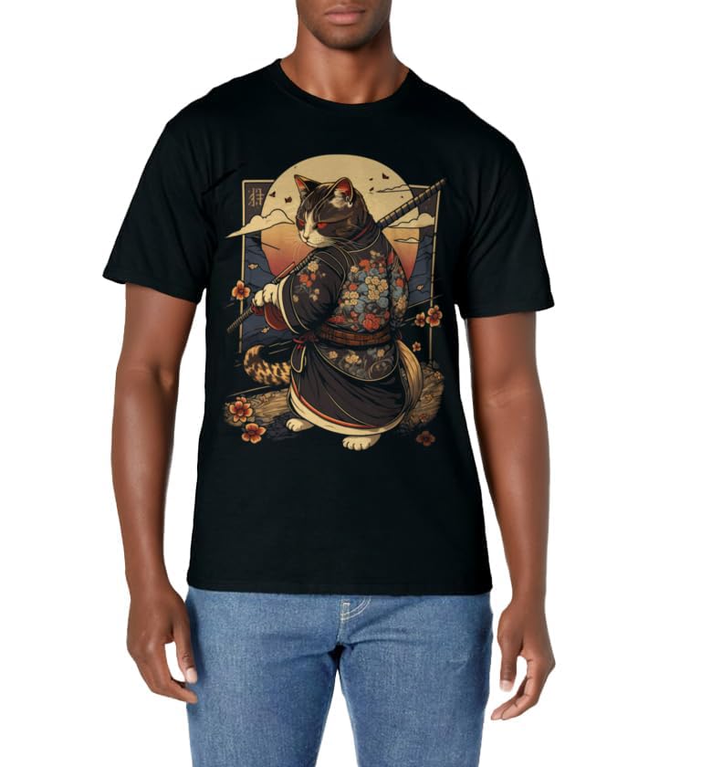 Japanese Art Cat Ninja Ukiyo-e Anime Style Samurai Cat T-Shirt