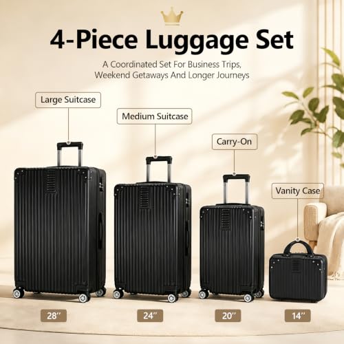 Image of 4-Piece Hardshell Spinner Luggage Set, Black, 14 /20 /24 /28 Inch | Top & Side Carry Handles Thickened ABS+PC Hardshell Spinner Luggage Set for Business, Family & Long Trips