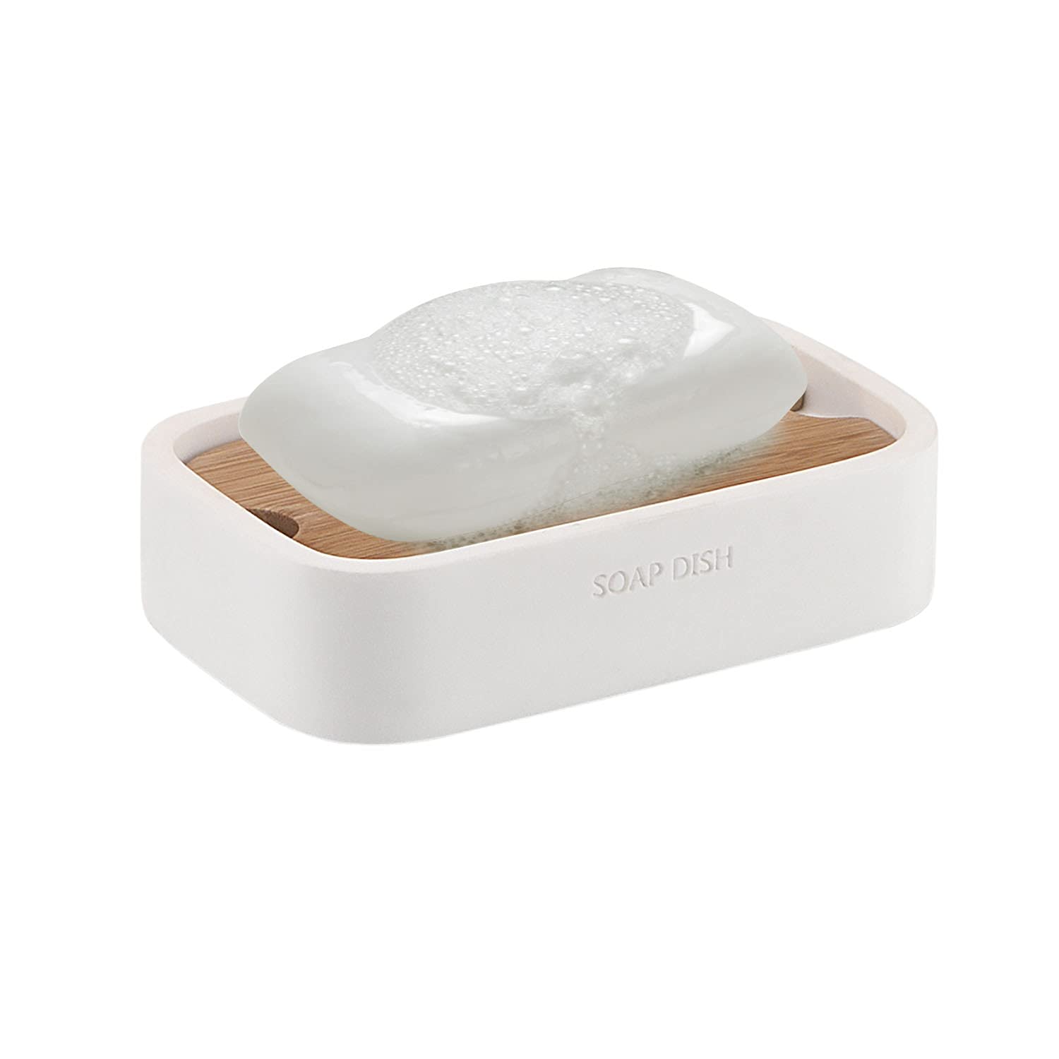 GEDY Melbourne Porta saponetta, Misure e Peso: 3X12,8X8,2 CM & 0,25 kg, Porta Sapone Solido Realizzato in resine e bambù, Finitura Bianco e bambù, Design R&S Gedy, 2 Anni di Garanzia