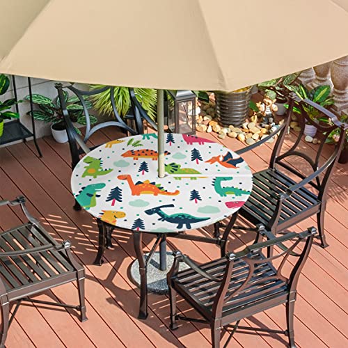 Yzrwebo Cartoon Dinosaur Round Fitted Outdoor Tablecloth With Umbrella Hole And Zipper Dinosaur Print Elastic Edged Table Cover Waterproof Stain Resistant Fits Tables Up To 45"-56" Diameter For Patio #TOP6