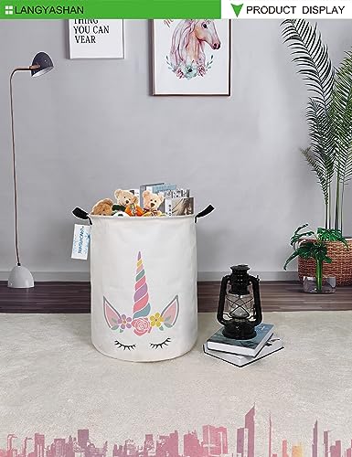 Image of Laundry Basket Canvas Fabric Collapsible Organizer Basket for Storage Bin Toy Bins Gift Baskets Bedroom Clothes Children Nursery Hamper (Round Pink Unicorn)