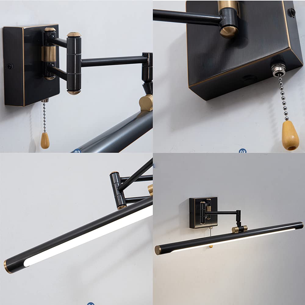 Lampy łazienkowe LED z przełącznikiem łańcuchowym, kinkiety łazienkowe w stylu vintage mosiądz z wahaczem, przednie lustro LED 4000K do toalety hotelowej