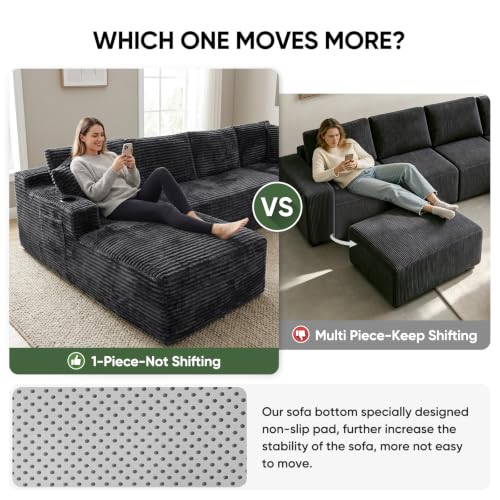 Image of Boneless Couch, 127 inch Sofas for Living Room, U Shaped Couch with Chaise | Sectional Sofa, Cloud Couch Sectional with Cup Holders and Storage, Cloud Sofa with Deep Seat, Grey, Corduroy, No Assembly