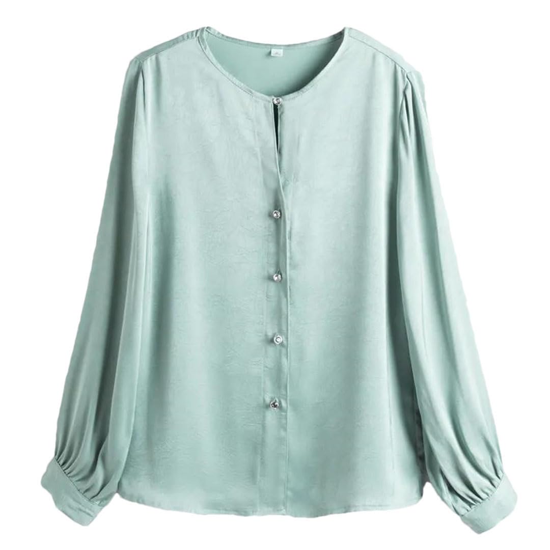 Blusa lisa para mujer, de manga larga, cuello redondo, de satén, para oficina, trabajo