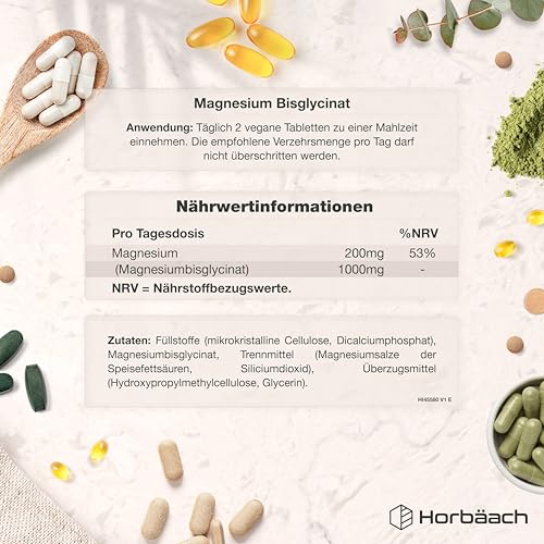 Magnesium Bisglycinat Hochdosiert 1000mg | Glycinat liefert 200 mg aus elementares Magnesium | 120 vegane Tabletten | von Horbaach