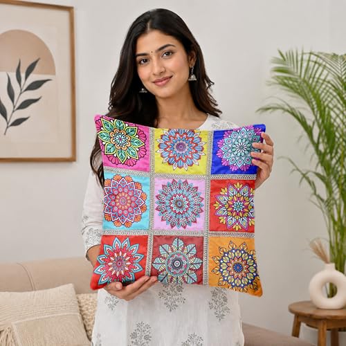Image of Divine Casa Set of 5 Mandala Cushion Covers 16x16 Inches | Polyester Sofa Cushion Covers with Decorative Lace Border | Multicolor Designer Cushion Covers for Couch & Living Room | Multi Pink