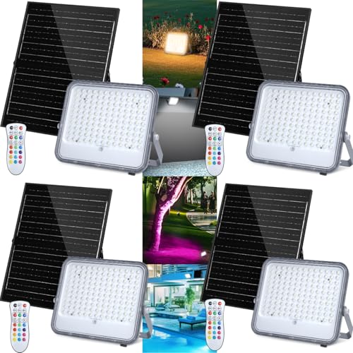 Aigostar Focos LED Exterior Solares RGBW, Cambio de Color 200W, Foco RGB+6500K y 3 Modos, Regulable, Control Remoto, IP66 Impermeable, Proyector LED RGB para Fiestas Jardín Terraza, 4 pcs