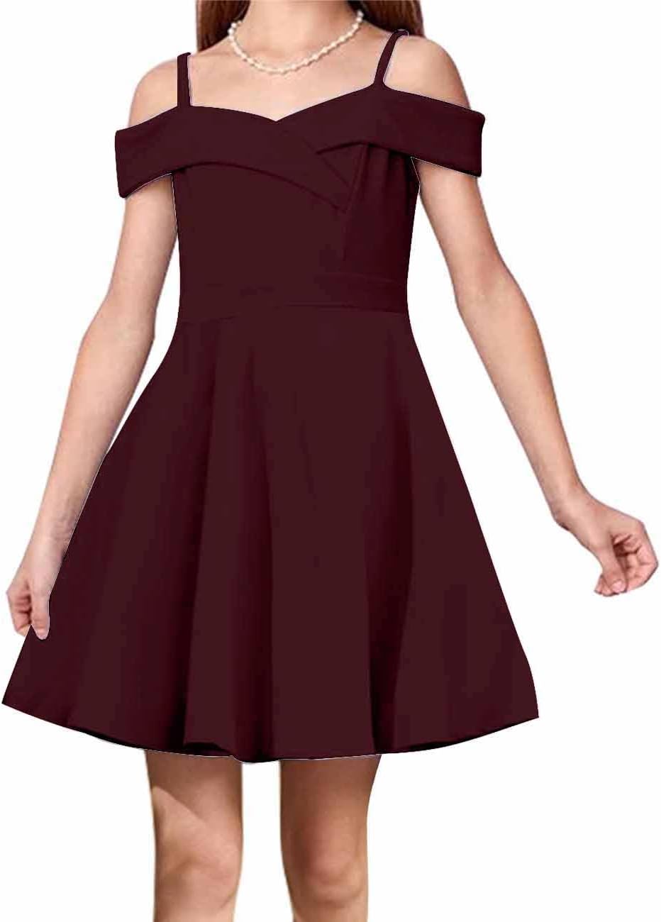 Girls Elegant Princess Cold Shoulder Fold Pleated High Waist Flared A Line Party Dresses,8-14 Years