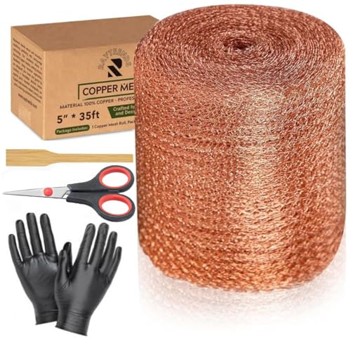 3 gen raytrends copper mesh rodent control kit 5 inch x 35ft rustproof copper wool blend ideal for sealing water gaps gardening - diy hole filler with scissors gloves amp packing tool