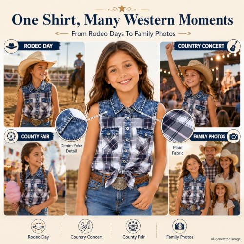 Image of Bienzoe Western Plaid Girls Shirt: Sleeveless Button Down | For girls who love cowgirl style, rodeo days, country concerts, summer comfort, family photos, horse shows, outdoor fun