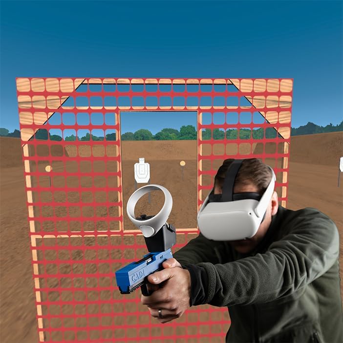 User wearing VR headset with GAIM handgun