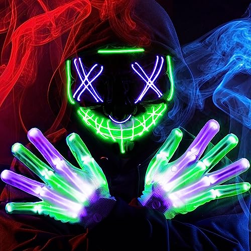 Image of JOYIN Halloween Led Mask, Light Up Mask and Gloves for Cosplay Costume (Green & Purple), 3 Modes Scary Glow in The Dark Masks for Boys Girls Halloween Party Dress Up Accessories, Gifts Giving