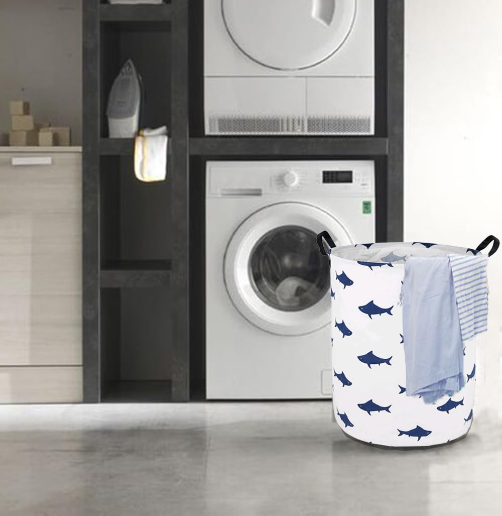 Runder Wäschekorb mit Haifisch-Muster, Aufbewahrungskorb, Stoffmaterial, Aufbewahrungskorb, Aufbewahrungskorb, Geschenkbox, mit Griffen für Zimmer