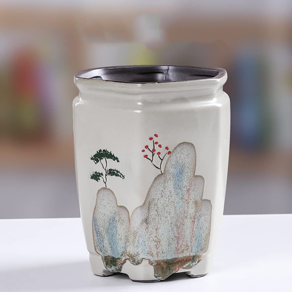 DFGHNBVC 4.7in Succulent Planter Pot White Ceramic Flower Pot Indoor and Outdoor Hand-Painted Planter Chinese classical vase Illustration decoration,C