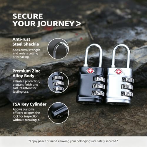 Image of Sunkizzrs Set of 2 Metal Luggage Locks for Travel | TSA Approved 3-Digit Combination Lock for Suitcases, Backpacks, Baggage (Silver + Black)