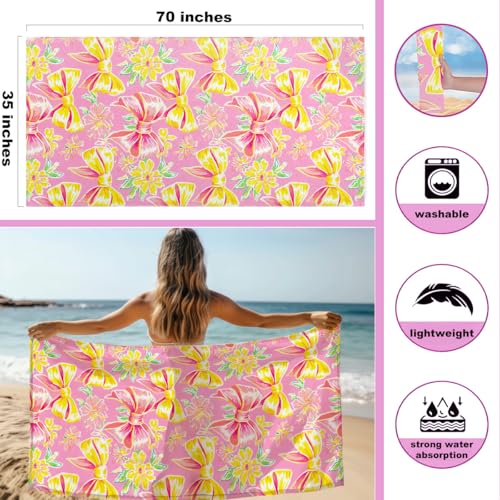Beach Bags for Women, Beach Towel, Wet Bag Cosmetic Bag, Pool Waterproof Shoulder Tote Bags, Pocket Zipper Summer Travel Essentials, Gifts for Women Birthday - Pink Yellow Bow (3-Piece Set)3
