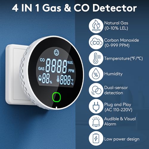 Image of 4 in 1 Carbon Monoxide Detectors Plug in, Natural Gas Leak & Carbon Monoxide Detectors, Dual Alarms and HD Screen Display with CO /Gas /Temperature /Humidity for Home /Travel /RV