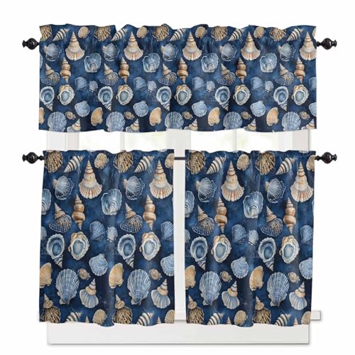 Navy Blue Coastal Kitchen Curtains 36 Inch Length, 3 Piece Rod Pocket Small Half Tiers and Valance Set, Nautical Summer Beach Shell Conch Small Large Window Treatment Decor for Bedroom/Bathroom Sink